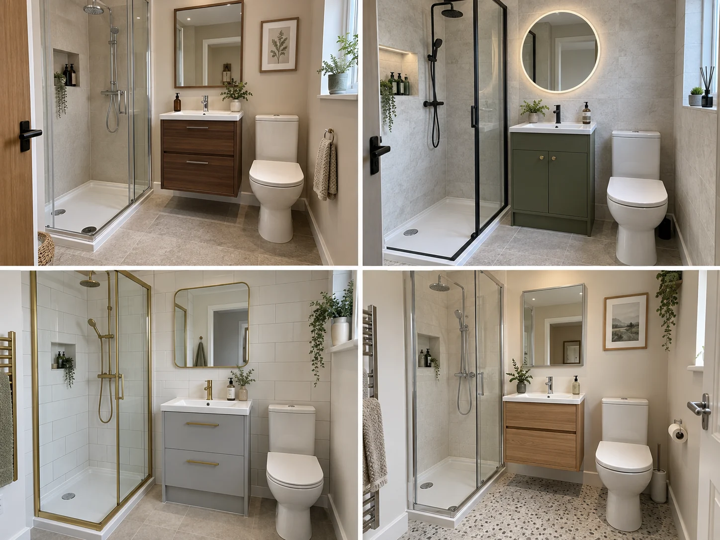 Compact shower room with warm white walls, natural oak drawers, chrome enclosure
